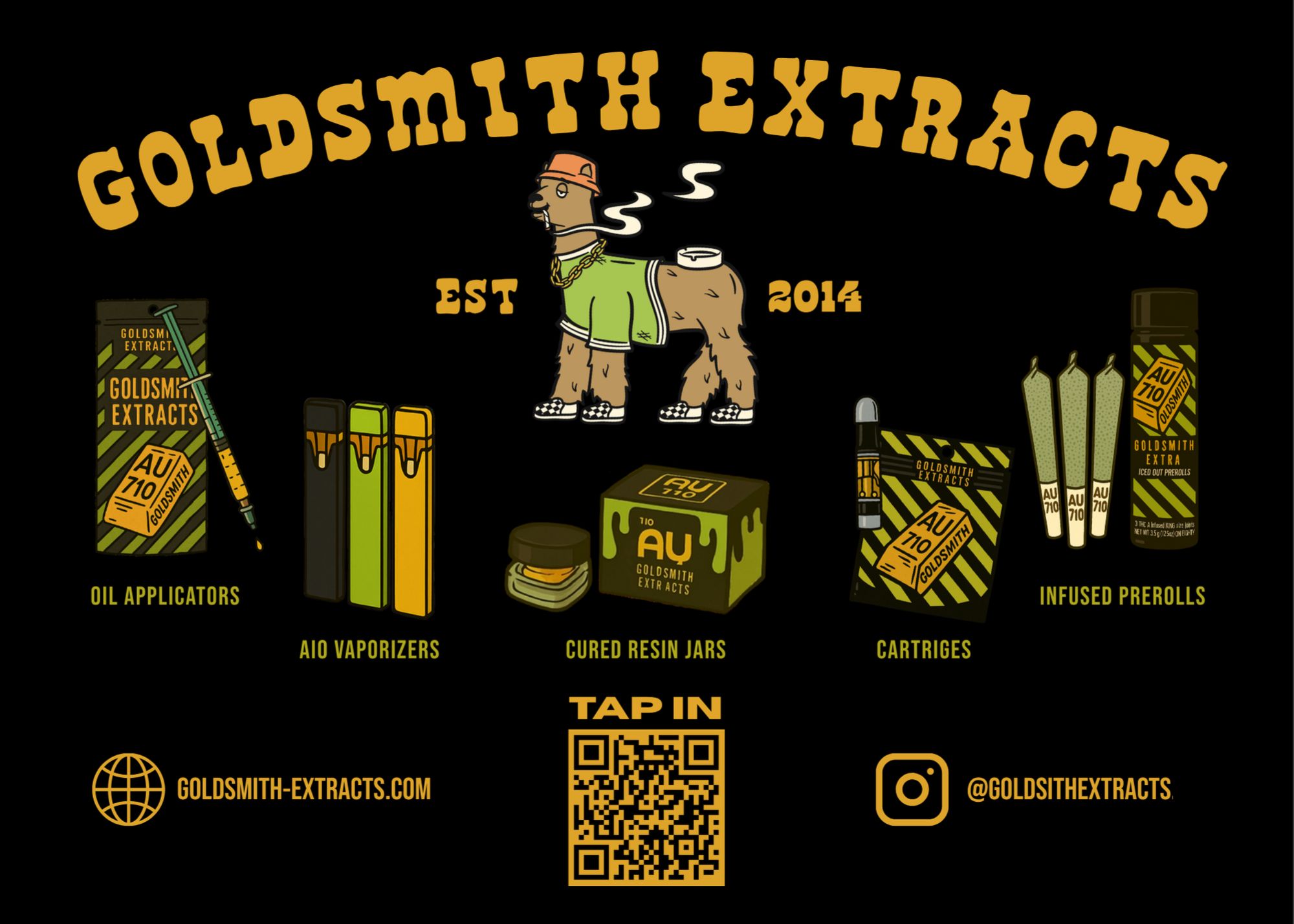 Goldsmith Extracts product lineup — oil applicators, AIO vaporizers, cured resin jars, cartridges, infused prerolls